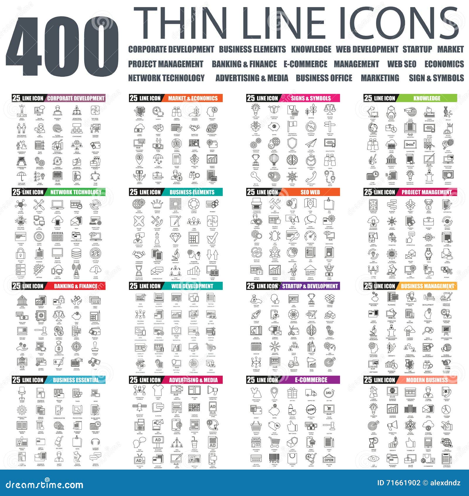set of flat thin line business web icons