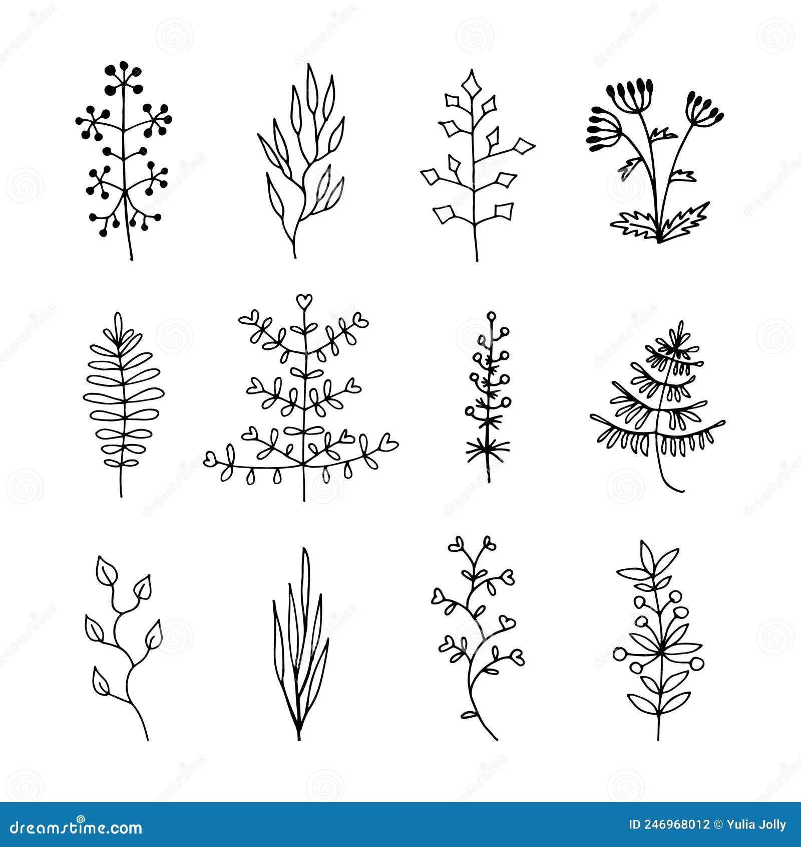 Set of Floral Doodle Drawings, Plant Elements for Your Design. Vector