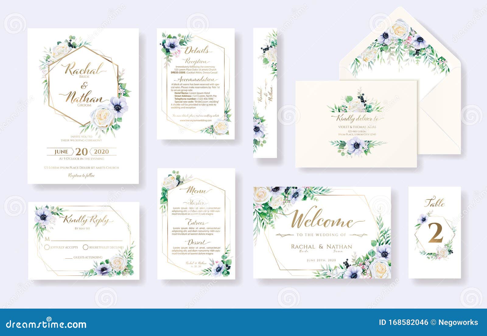 set of floral wedding invitation card, invite, rsvp, details