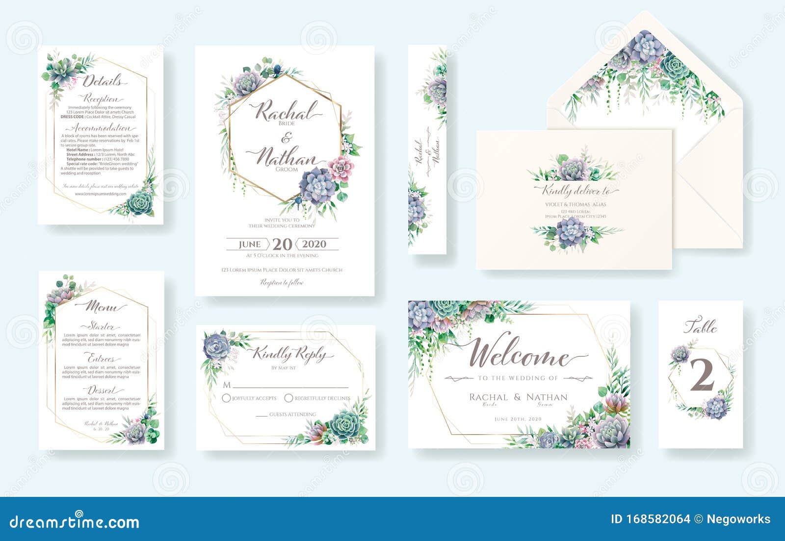 set of floral wedding invitation card, invite, rsvp, details, thank you, table number, menu, envelope address template. succulent