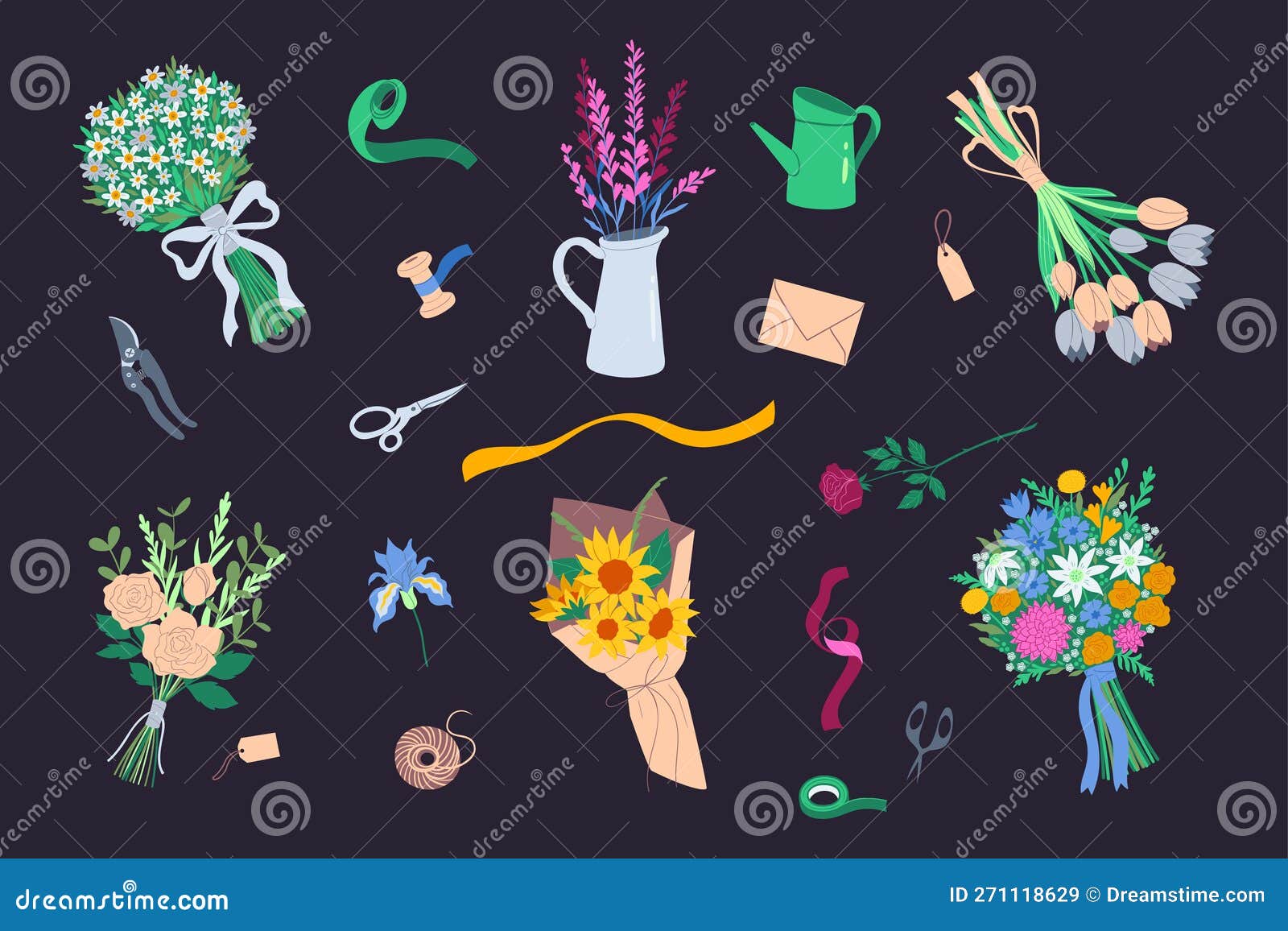 a set of florista tools, scissors, tapes, bouquets, flowers.  graphics