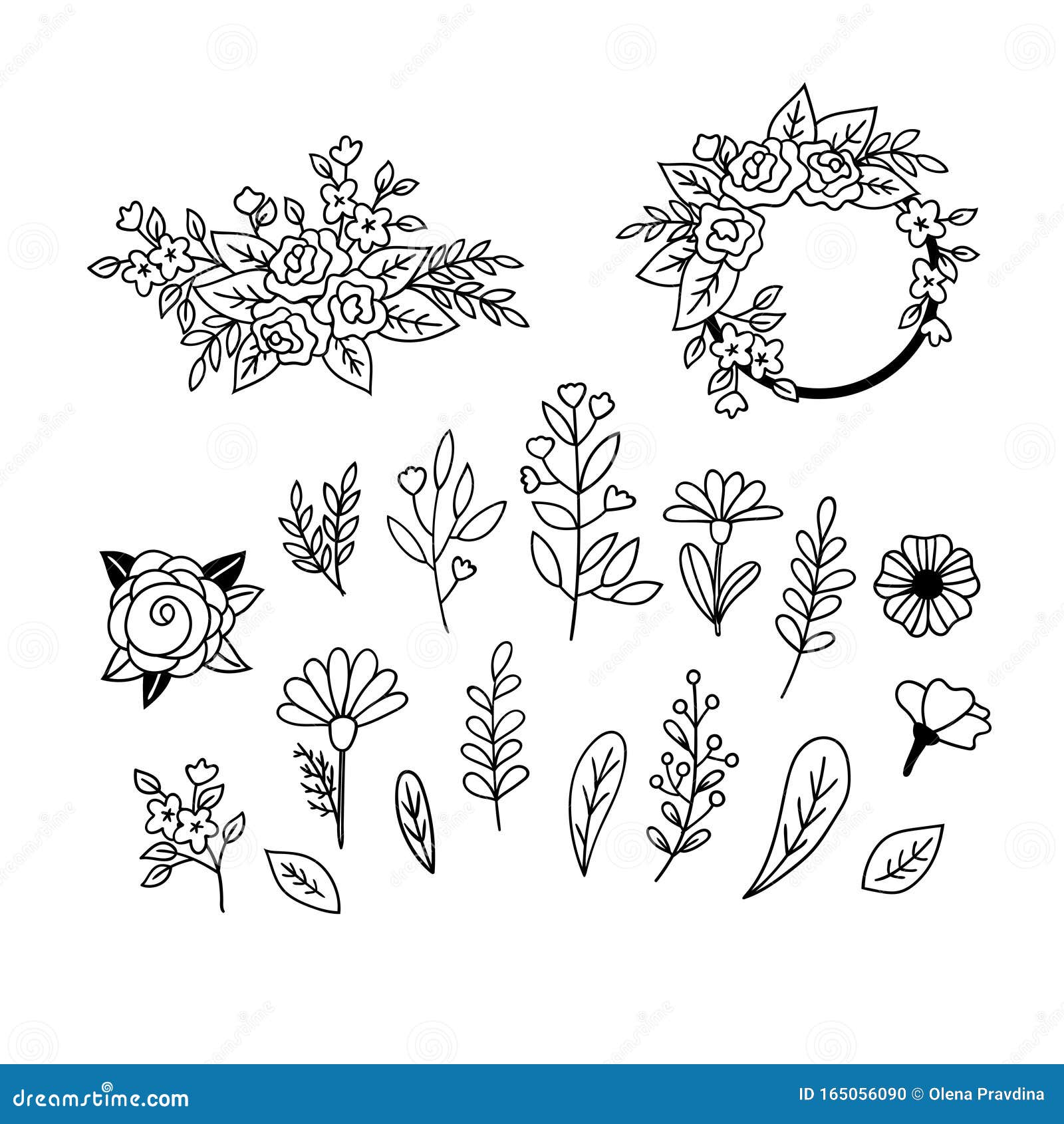 set of floristic doodles. hand-drawn flowers, leaves and twigs.