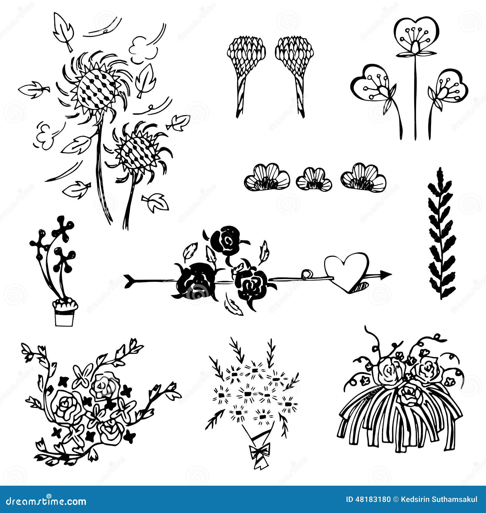 Set Of Flower Sketch Vector,free Hand Drawing Doodle Sketch On White