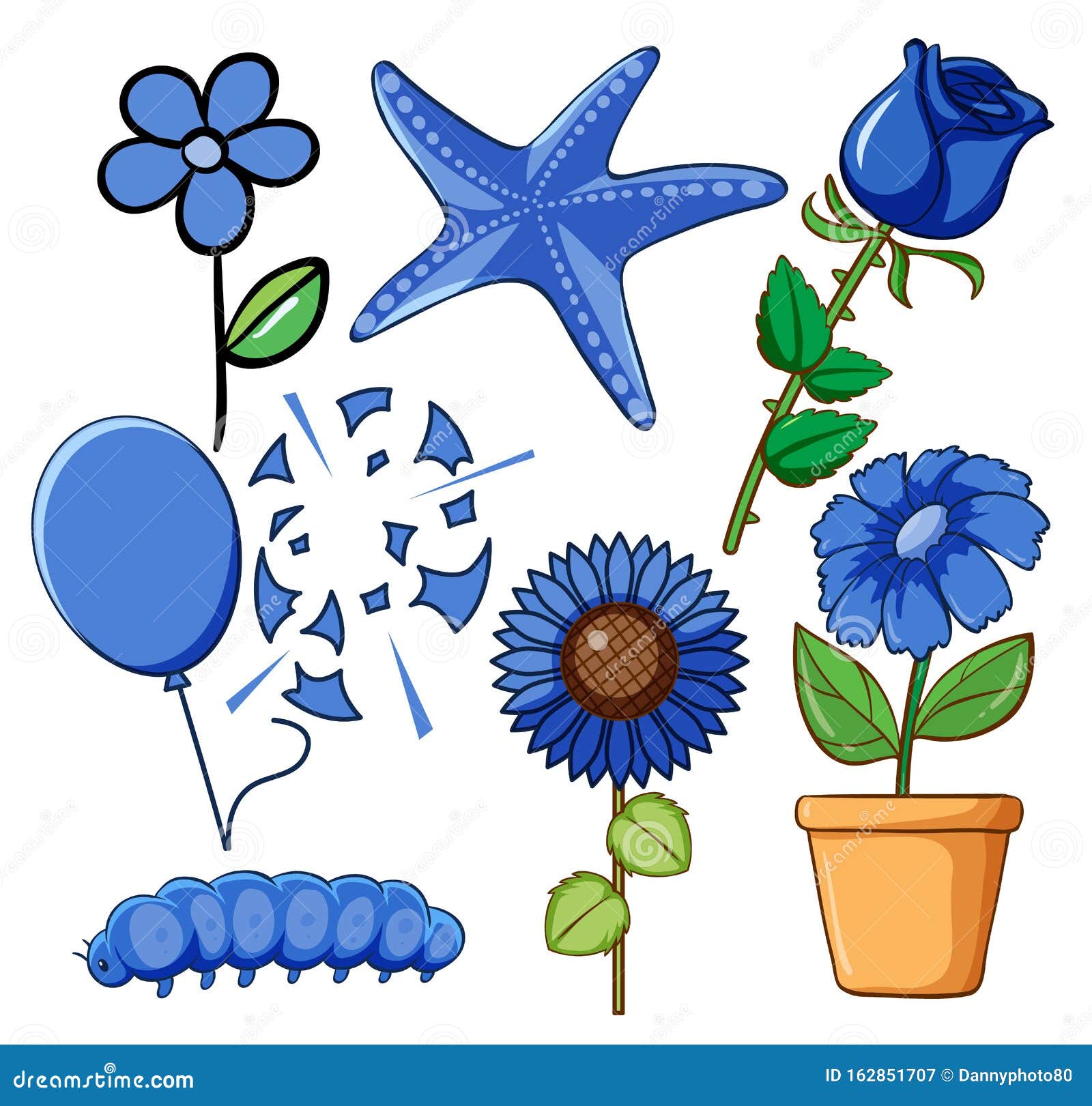 of Flowers and Other Things in Blue Color Stock - Illustration nature, flowers: 162851707