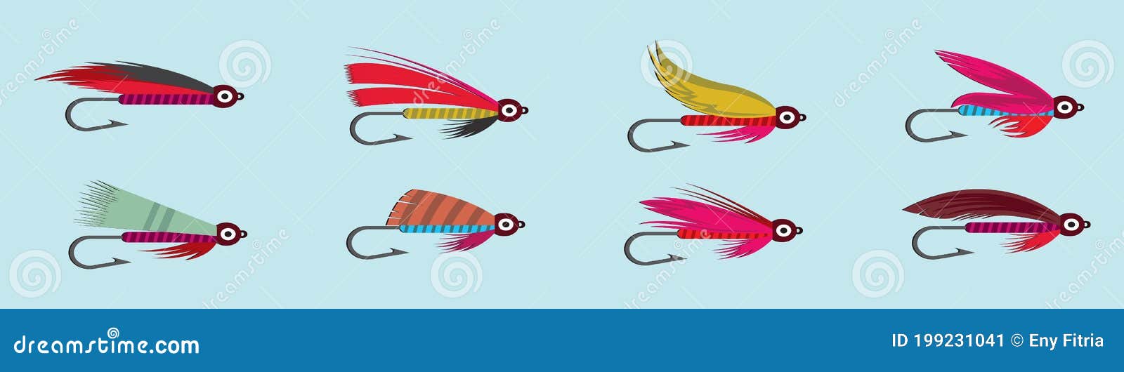 Set of Fly Fishing Flies Cartoon Icon Design Template with Various