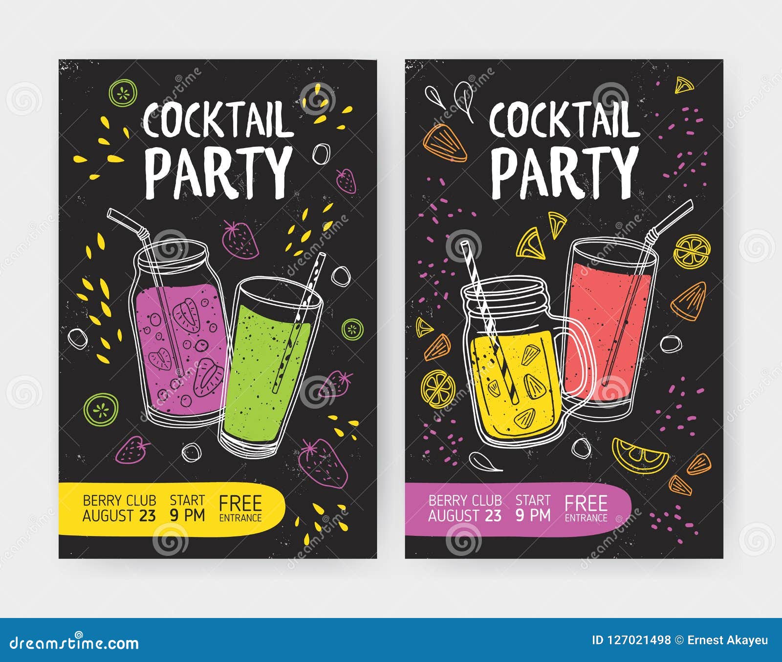 Set Of Flyer Or Cocktail Party Invitation Templates With Tasty Soft Drinks Or Refreshing Tropical Fruit Beverages In Stock Vector Illustration Of Organic Drink