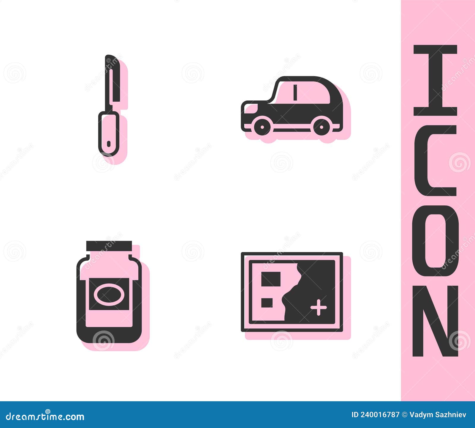 Set Folded Map, Knife, Jam Jar and Car Icon. Vector Stock Vector Illustration of icon