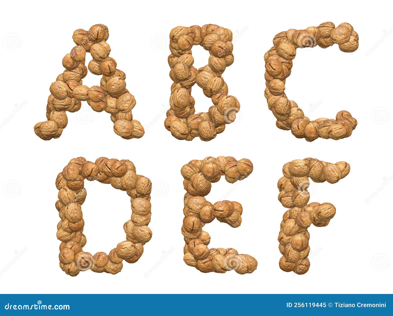 set of font made of walnut, 3d rendering, typography and graphic , letters abcdef