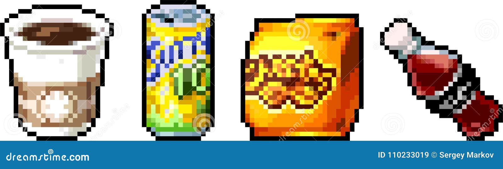 Set Of Food Icons In Pixel Style Stock Vector Illustration