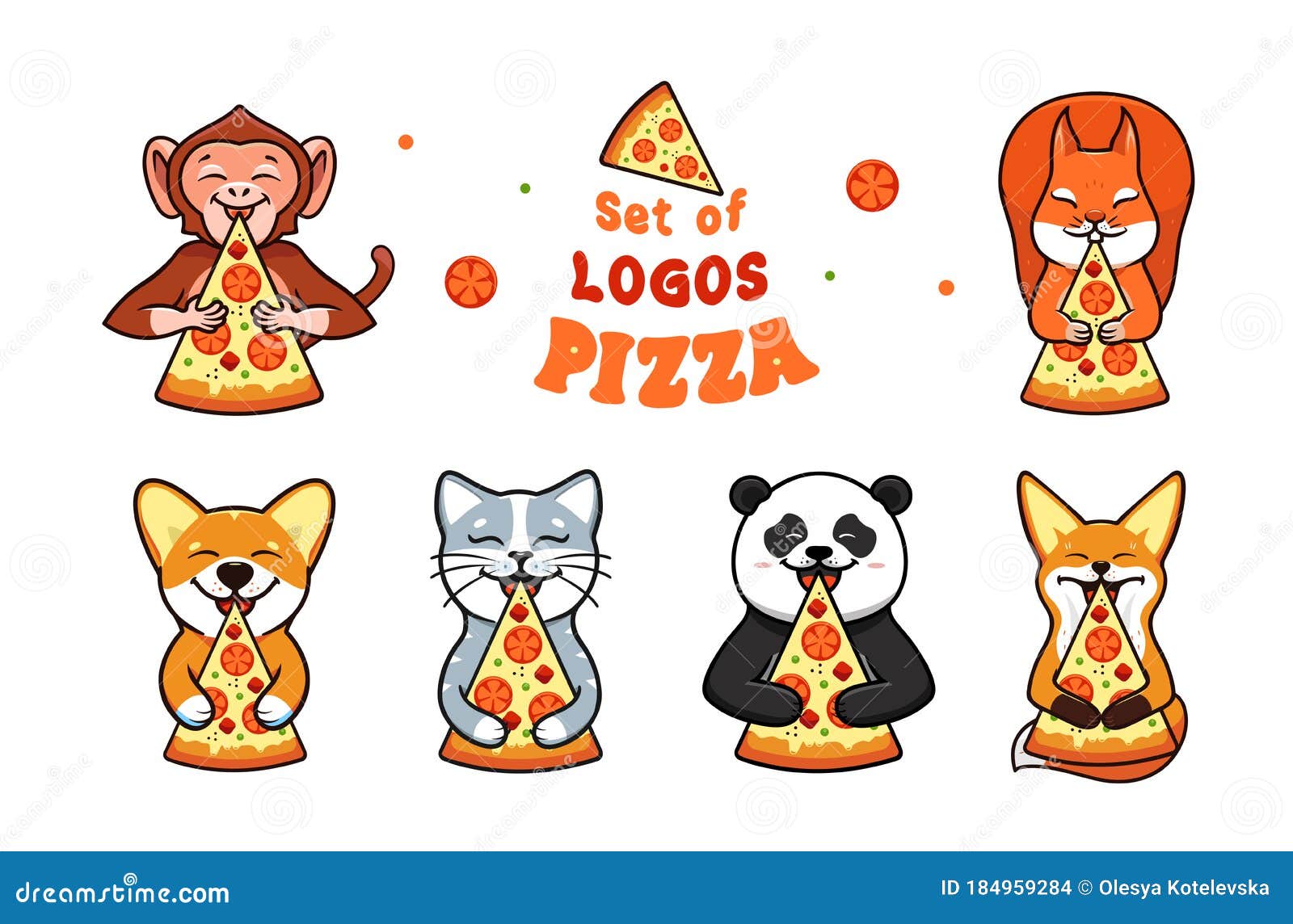 Set of Food Logos with Animals, Monkey, Dog Corgi, Cat, Panda, Fox,  Squirrel Eats Pizza Stock Vector - Illustration of animals, lettering:  184959284