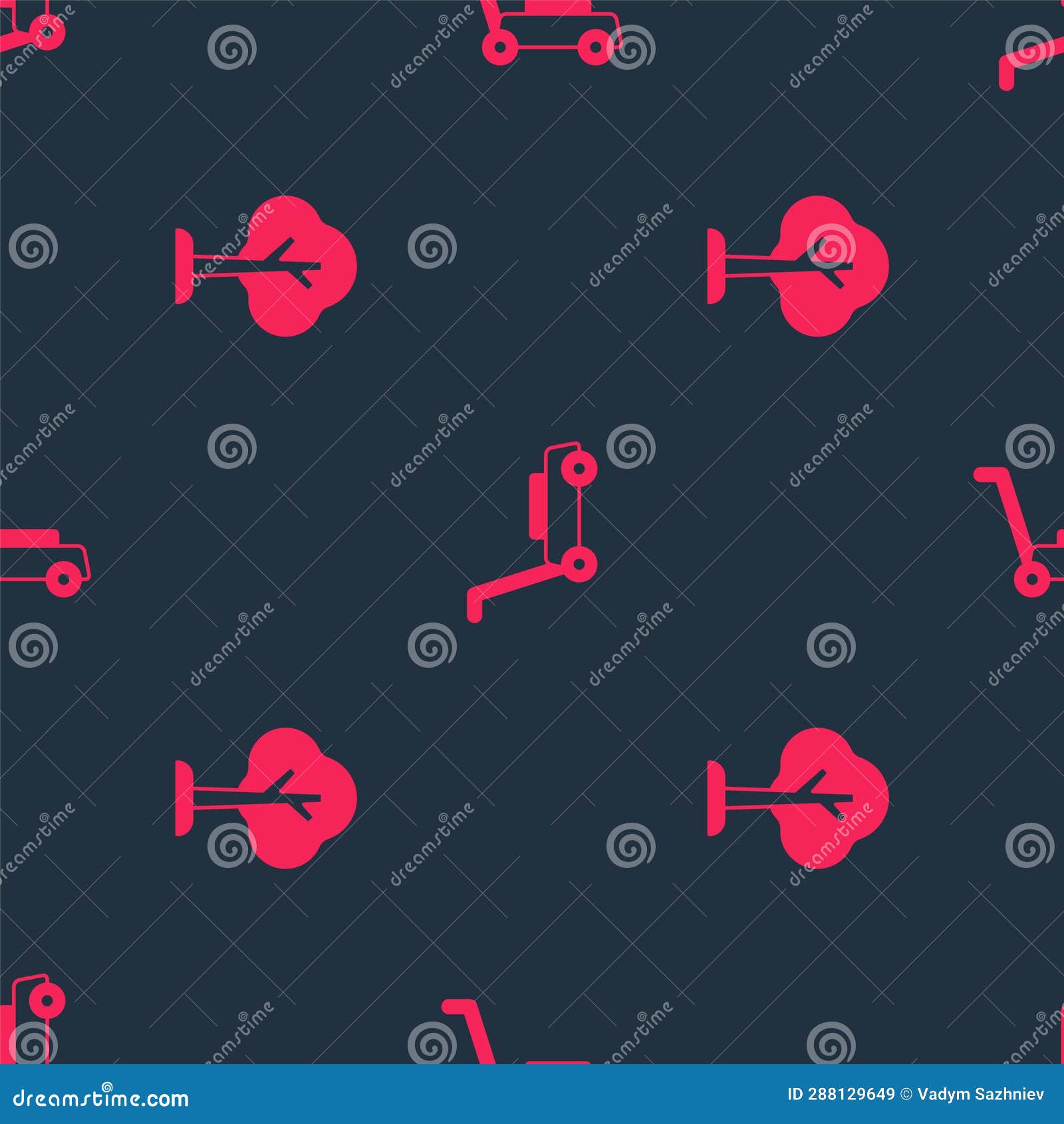 Set Forest and Lawn Mower on Seamless Pattern. Vector Stock