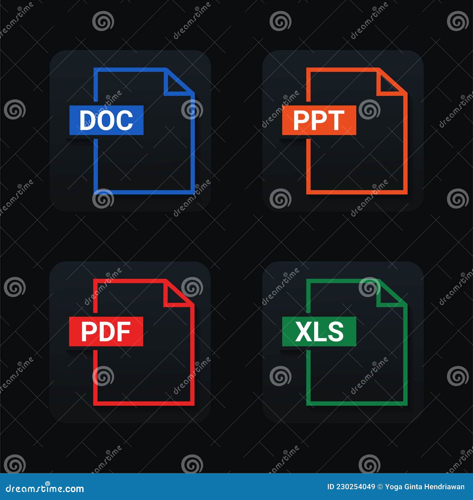 Set of Format and Extension of Documents. PDF, DOC, PPT and XLS. File Type.  Isolated on Black Background Stock Vector - Illustration of page, format:  230254049