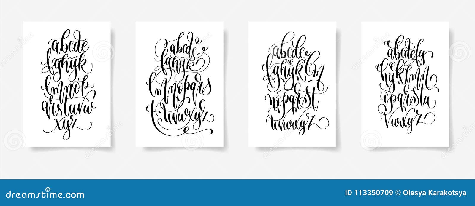 set of four black and white hand lettering alphabet  posters