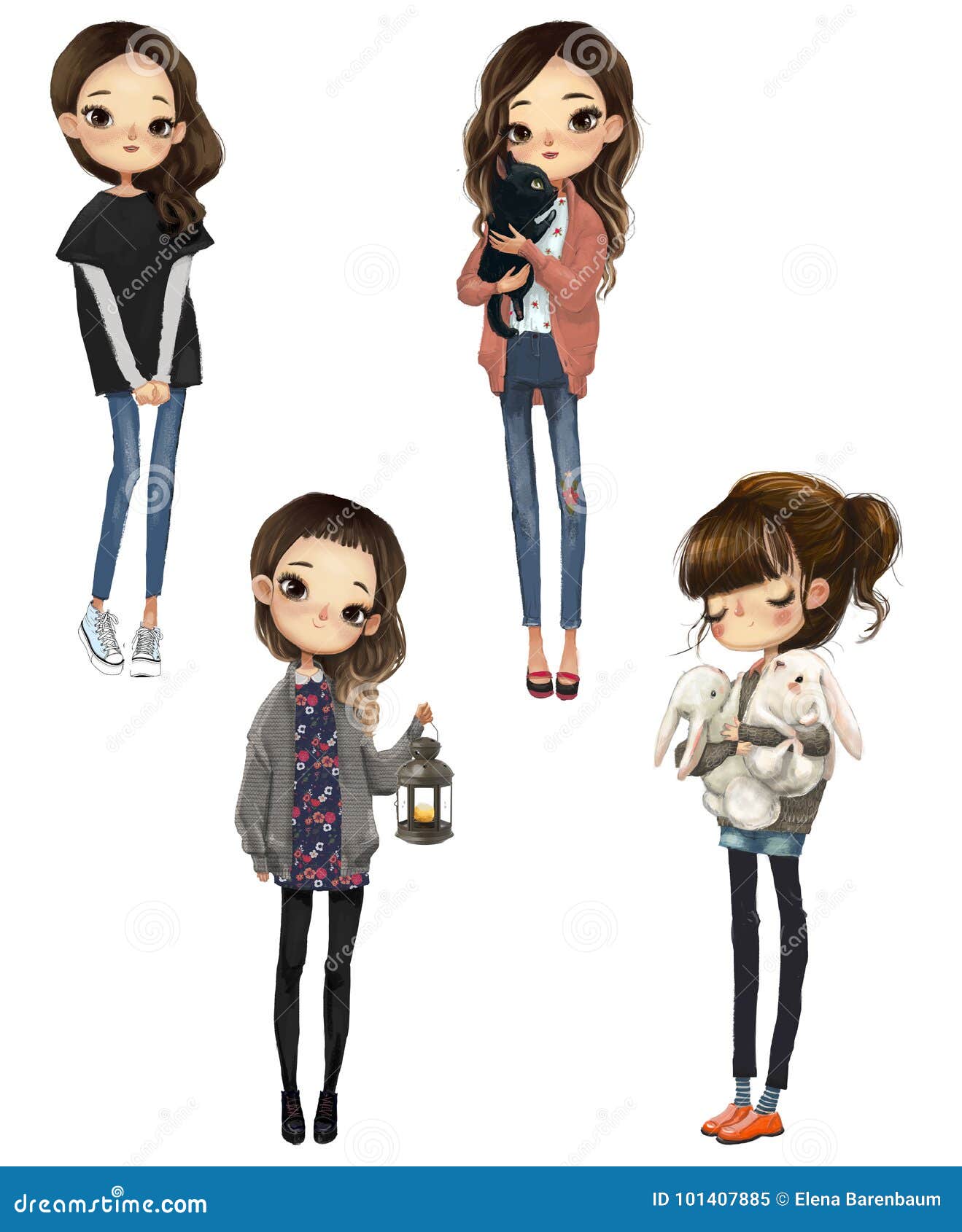 Set with Cartoon Cute Girls Stock Illustration - Illustration of ...