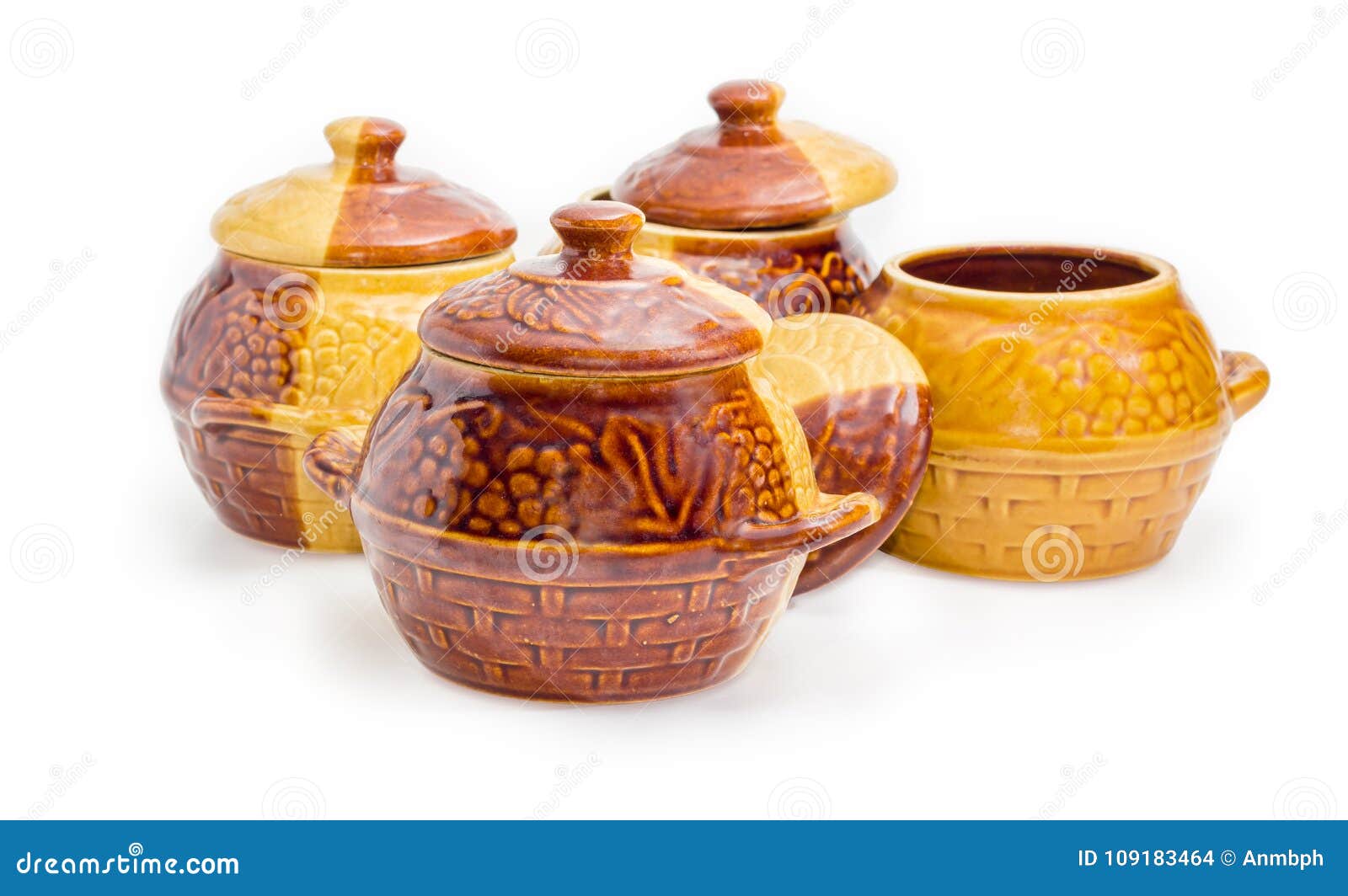 Set of the Four Empty Clay Pots for Cooking Stock Photo Image of