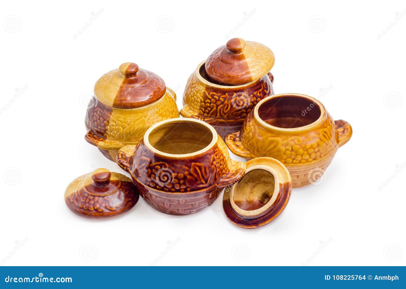 Set of the Four Empty Clay Pots for Cooking Stock Photo Image of