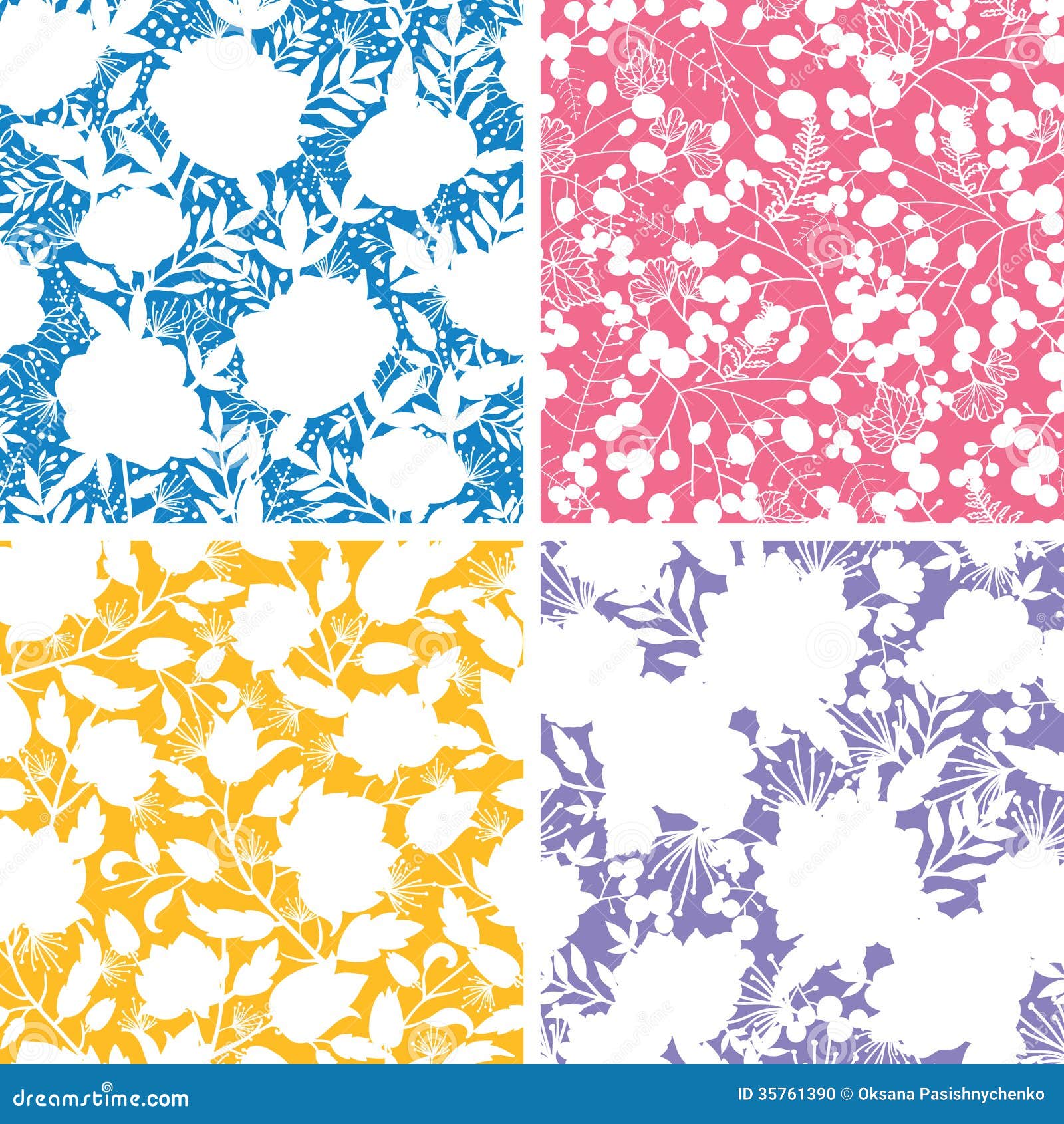 Set of Four Floral Silhouettes Seamless Patterns Stock Vector