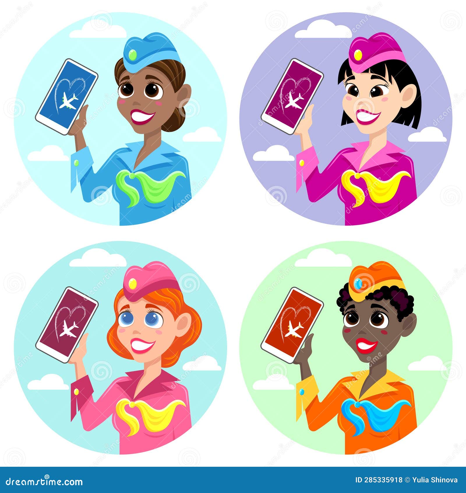 Set of Four Images of Stewardesses with a Smartphone in Their Hand