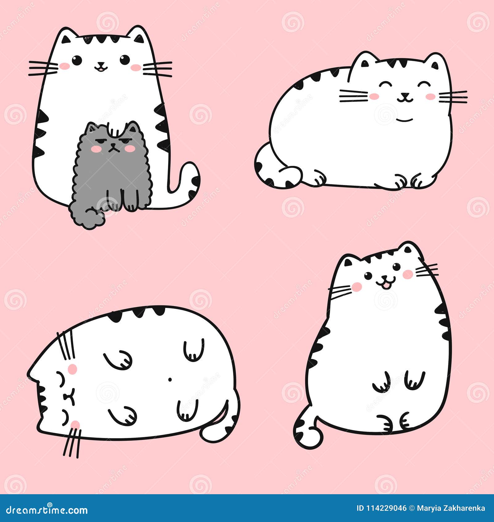 Set of Four Kawaii Cute Fat White Cats in Different Poses. Stock Vector -  Illustration of style, background: 114229046