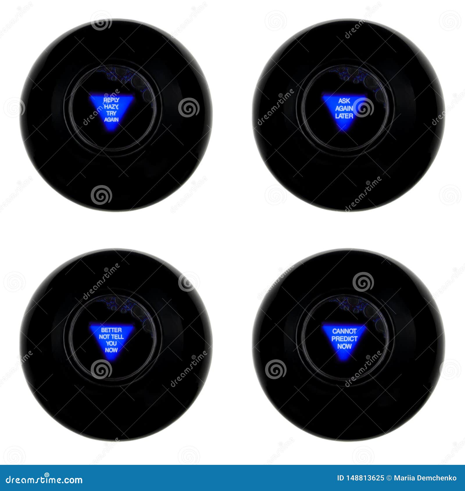 set of four magic 8 balls with neutral predictions  on white background