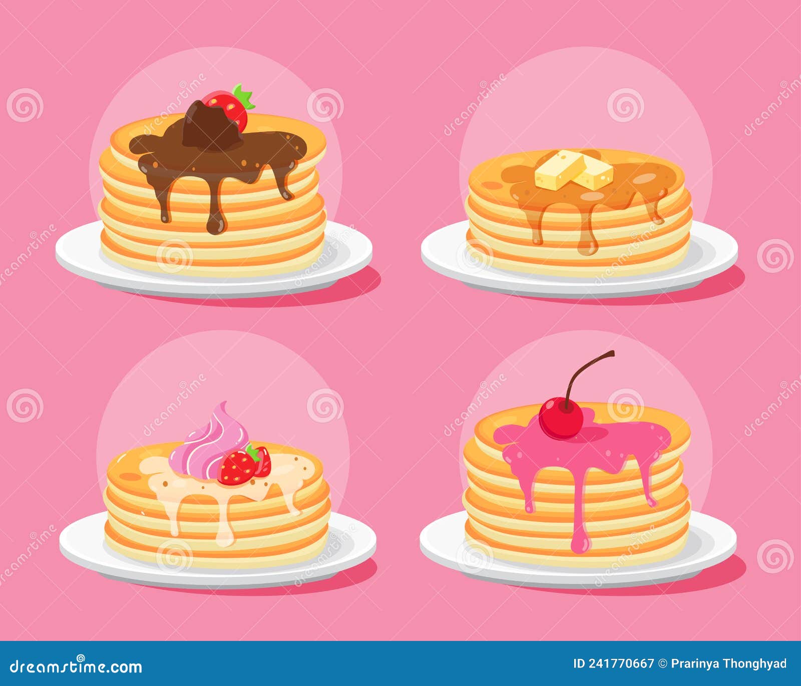 Set of Four Pancakes with Toppings, Vector Illustration Isolated on