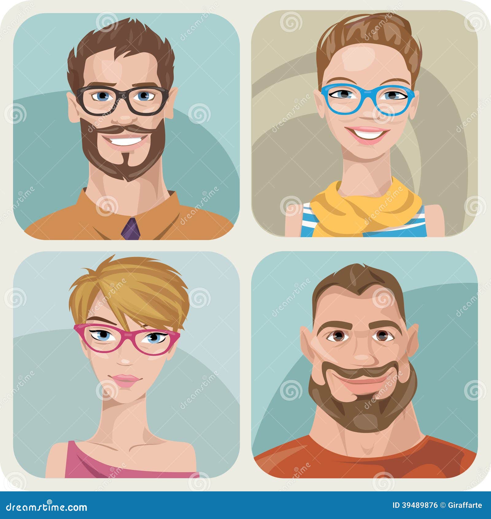 Set of Four Portraits of Hipsters. Stock Vector Illustration of face, emotion 39489876