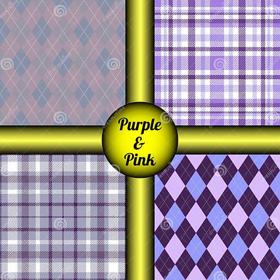 Set Of Four Seamless Argyle And Tartan Plaid Patterns In Purple And Pink