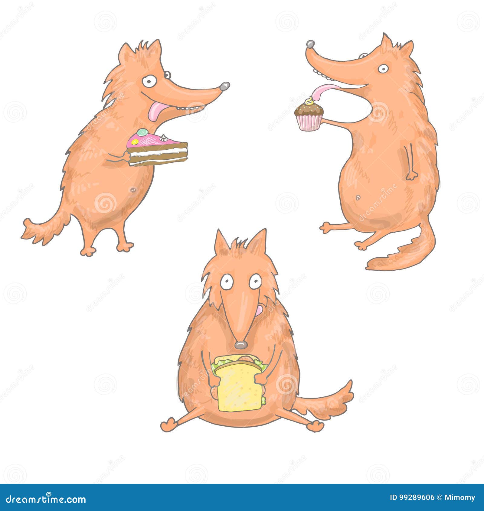 Set of three eating foxes stock illustration. Illustration of