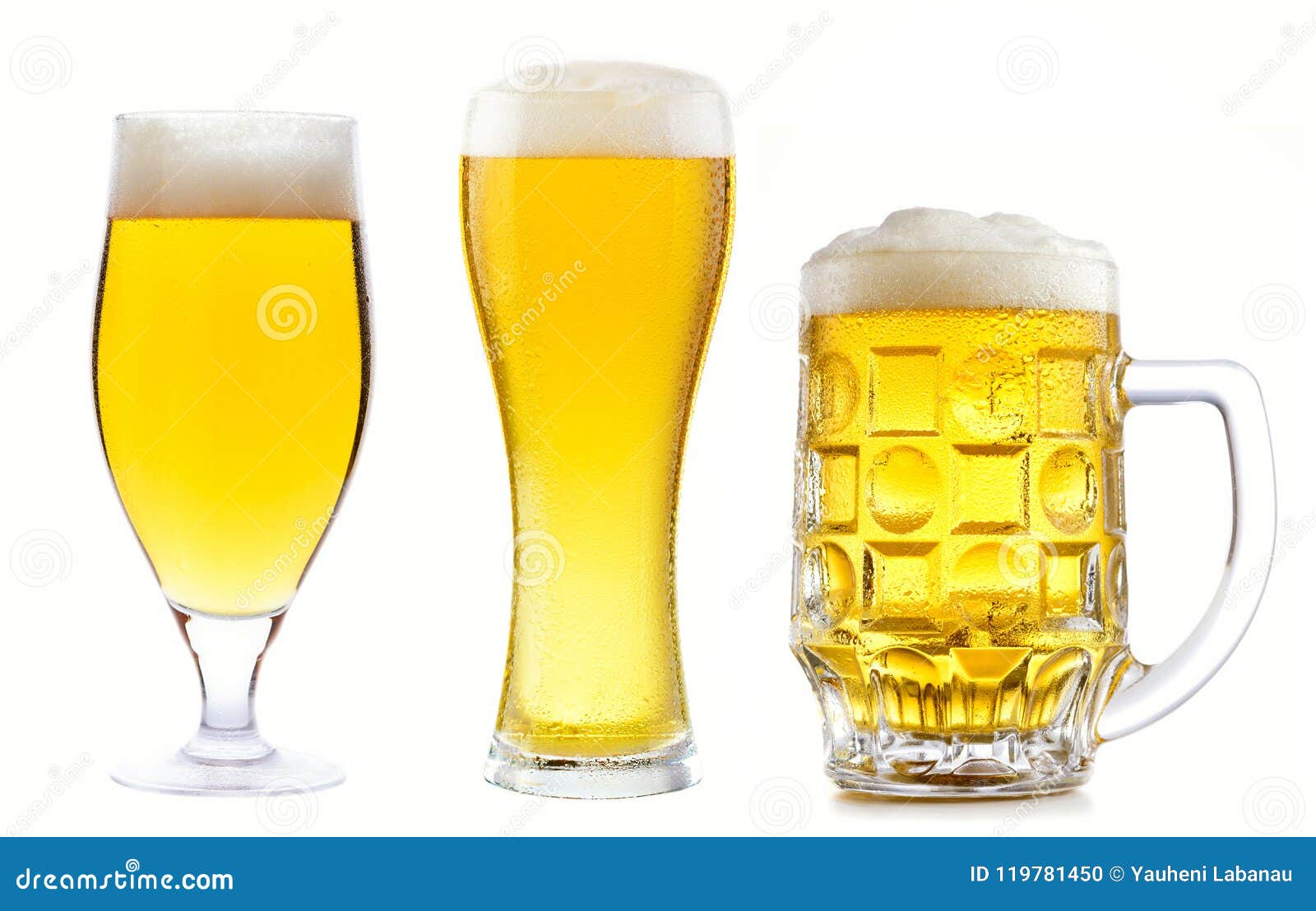 Set Fresh Light Beer with High Foam in Different Beer Glasses an Stock ...