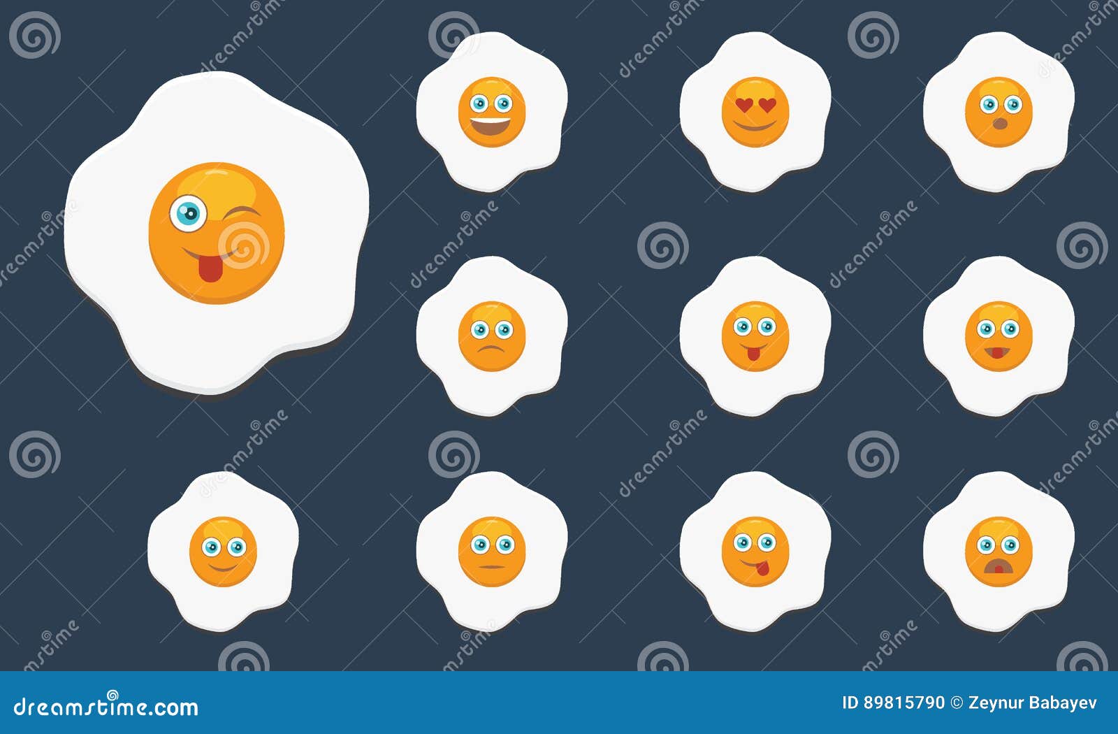 Set of Fried Egg with Emoji. Flat and Solid Color Design Stock Vector