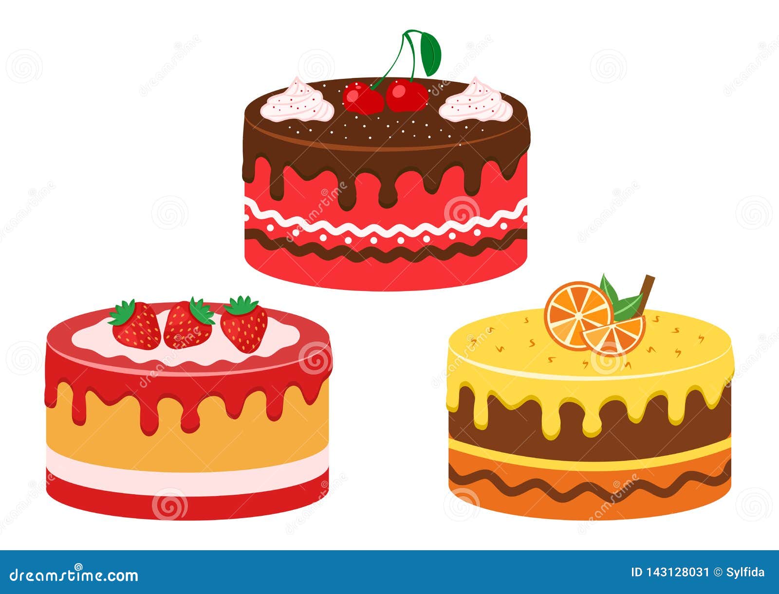 Set of Fruit Cakes. Strawberry, Cherry and Citrus Stock Illustration