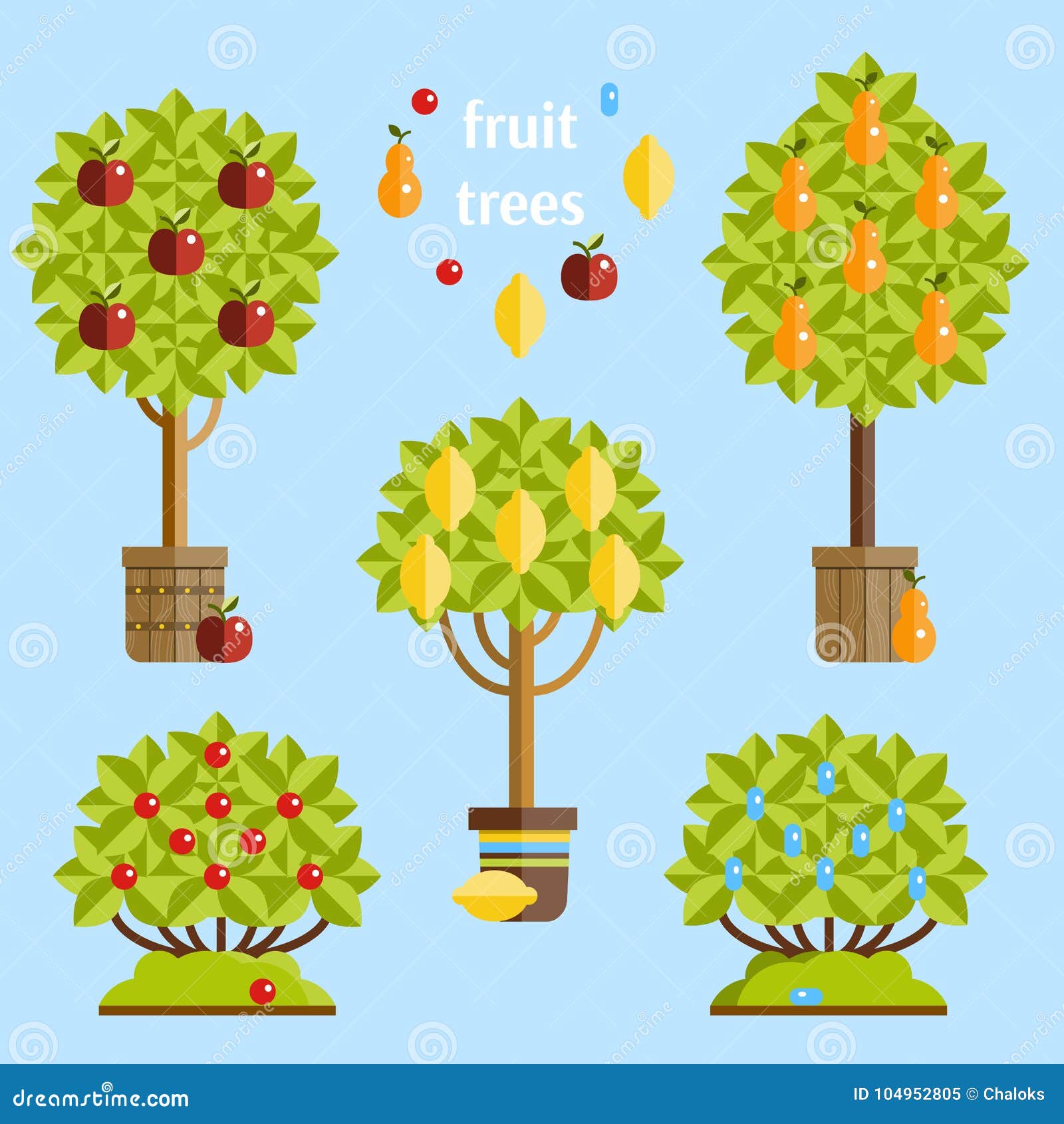 Set of Fruit Trees. Vector Flat Illustration. Stock Vector