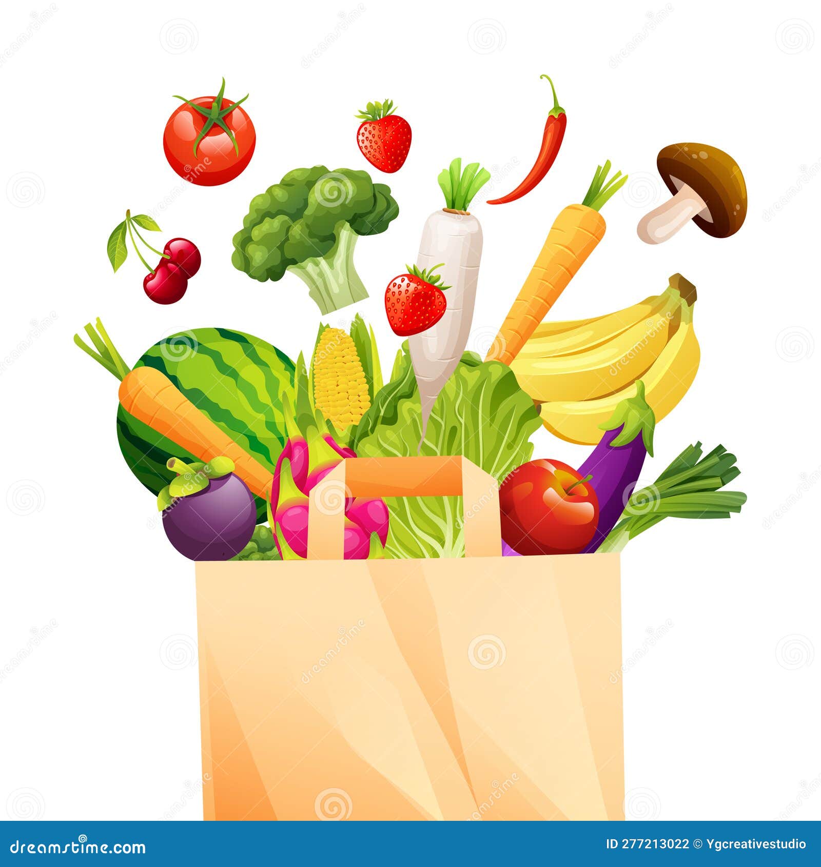 Set of Fruits and Vegetables with Recyclable Bag Stock Vector