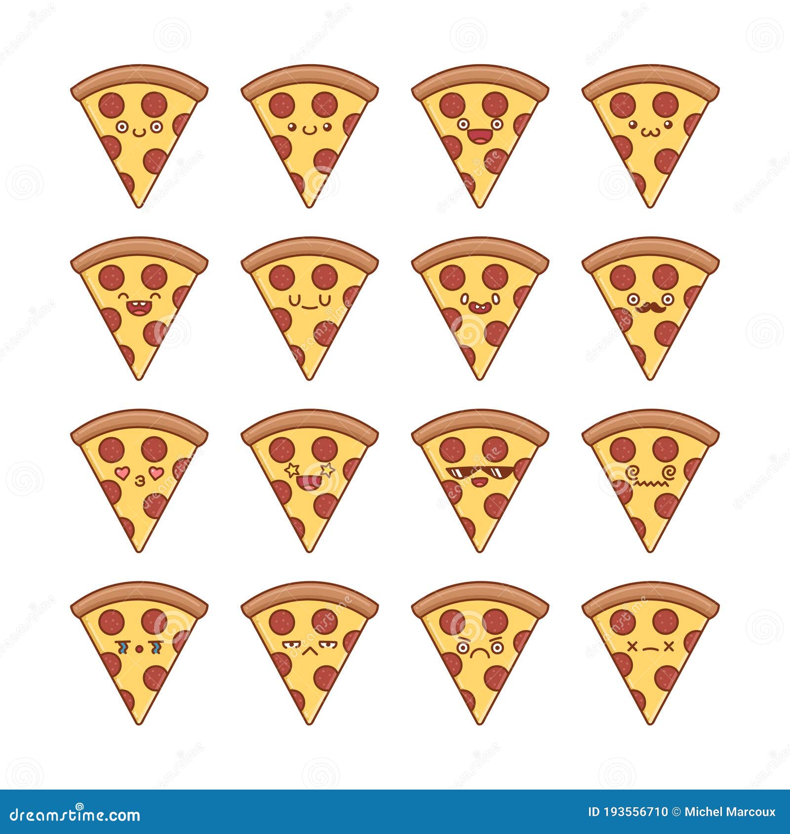 Set of Fun Kawaii Pepperoni Sliced Pizza Icon Cartoons Stock Vector -  Illustration of comic, food: 193556710