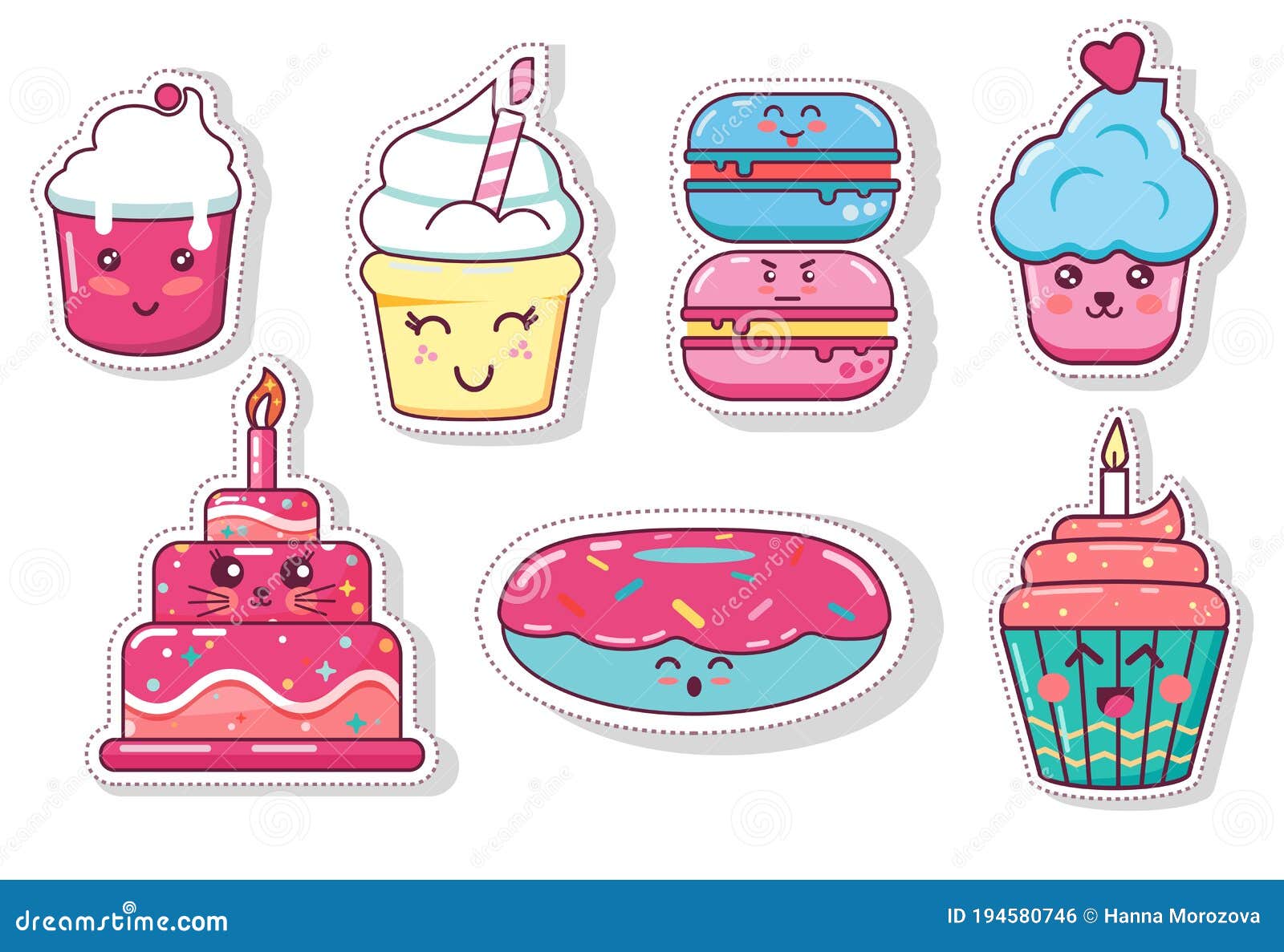 Set of Fun Stickers Desserts Kawaii Bakery Food Stock Vector