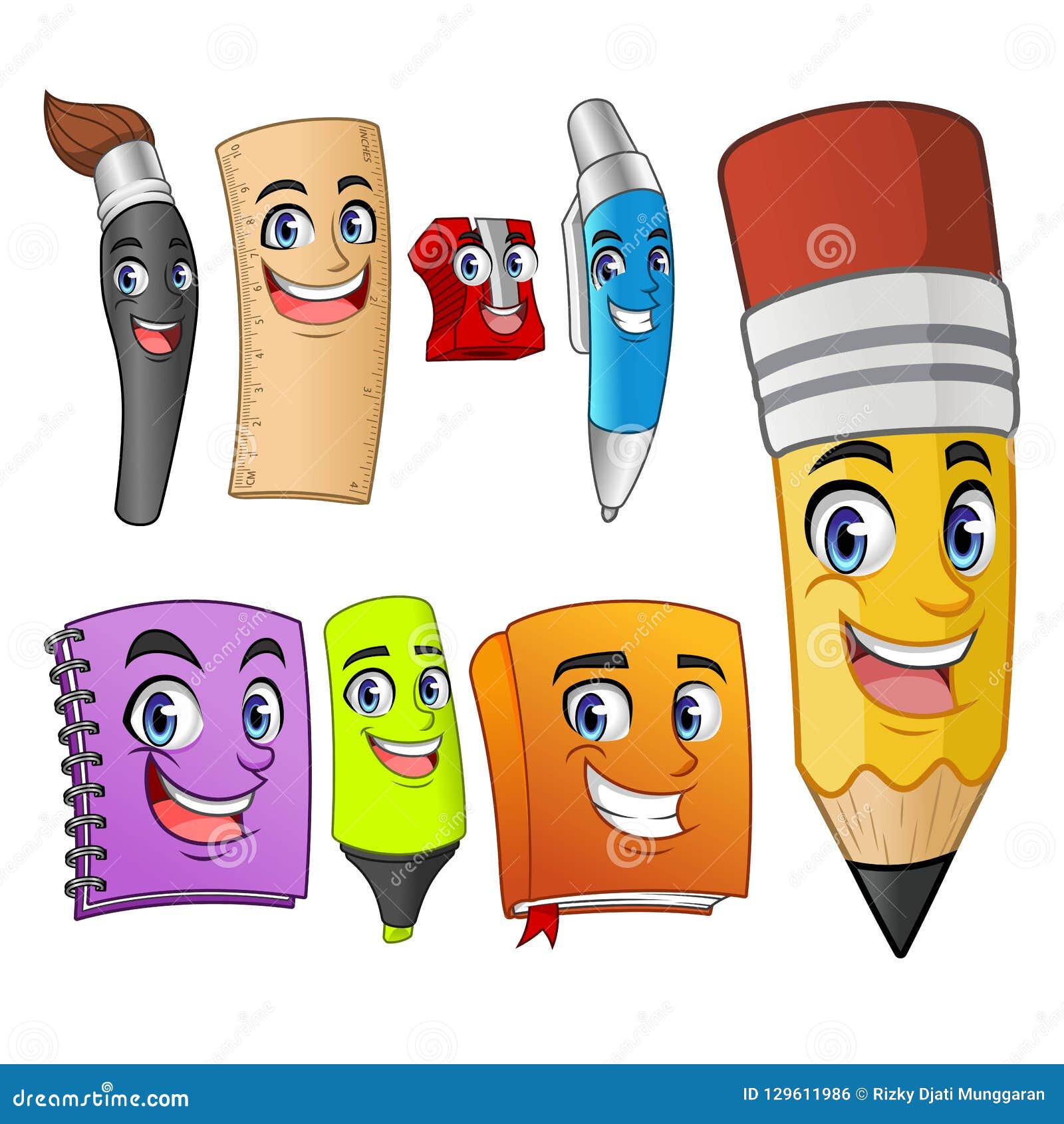 Set of Funny Cartoon Characters School Items Supplies Stock Vector -  Illustration of eraser, lists: 129611986