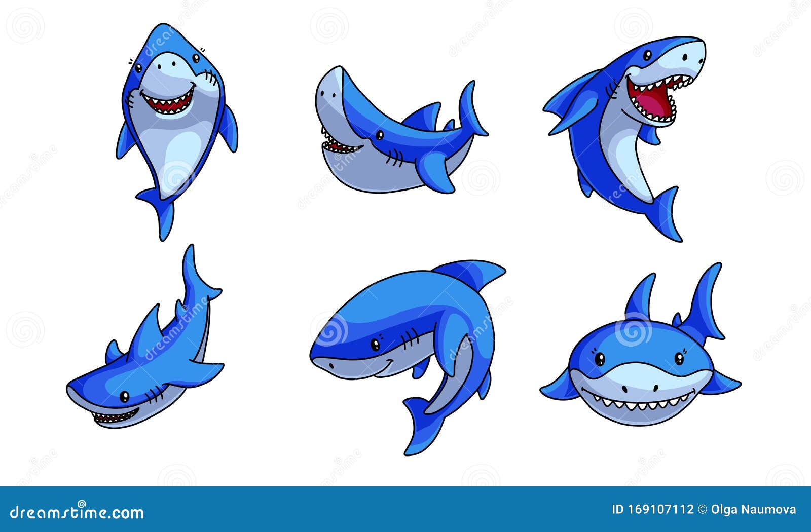 Set of Funny Cute Smiling Blue Sharks Vector Illustration Stock Vector ...