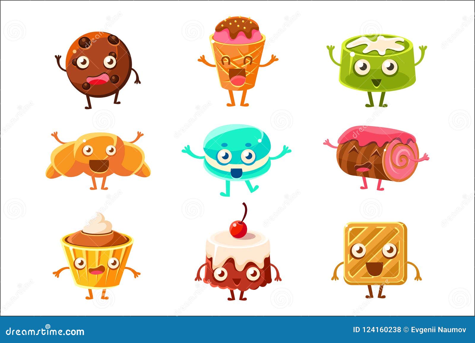 Set of Funny Dessert Characters - Croissant, Cupcake, Cake, Tiramisu,  Pretzel, Macaroon, Cartoon Style Vector Stock Vector - Illustration of face,  chocolate: 124160238