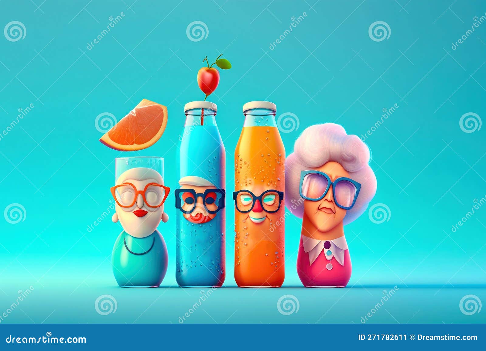 Set of Funny Drink Characters. Background with Various Cocktail Drinks