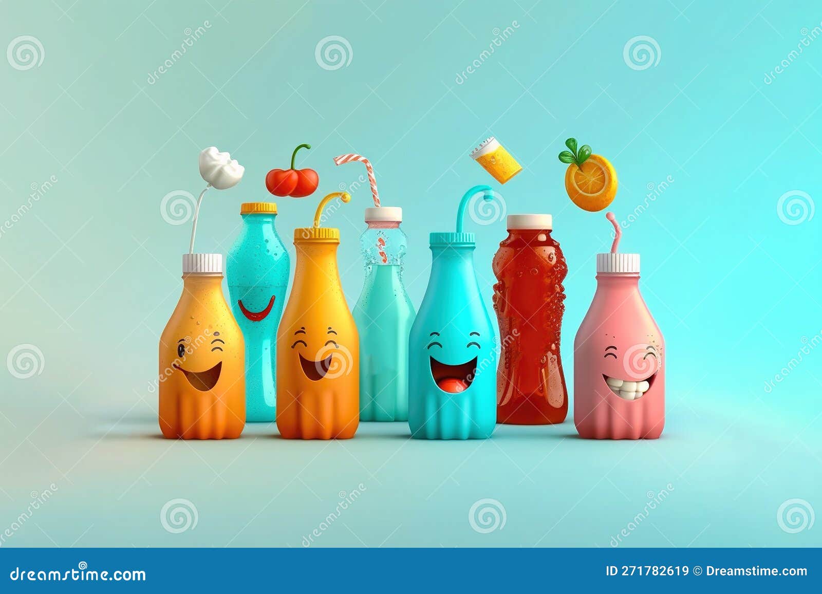 Set of Funny Drink Characters. Background with Various Cocktail Drinks