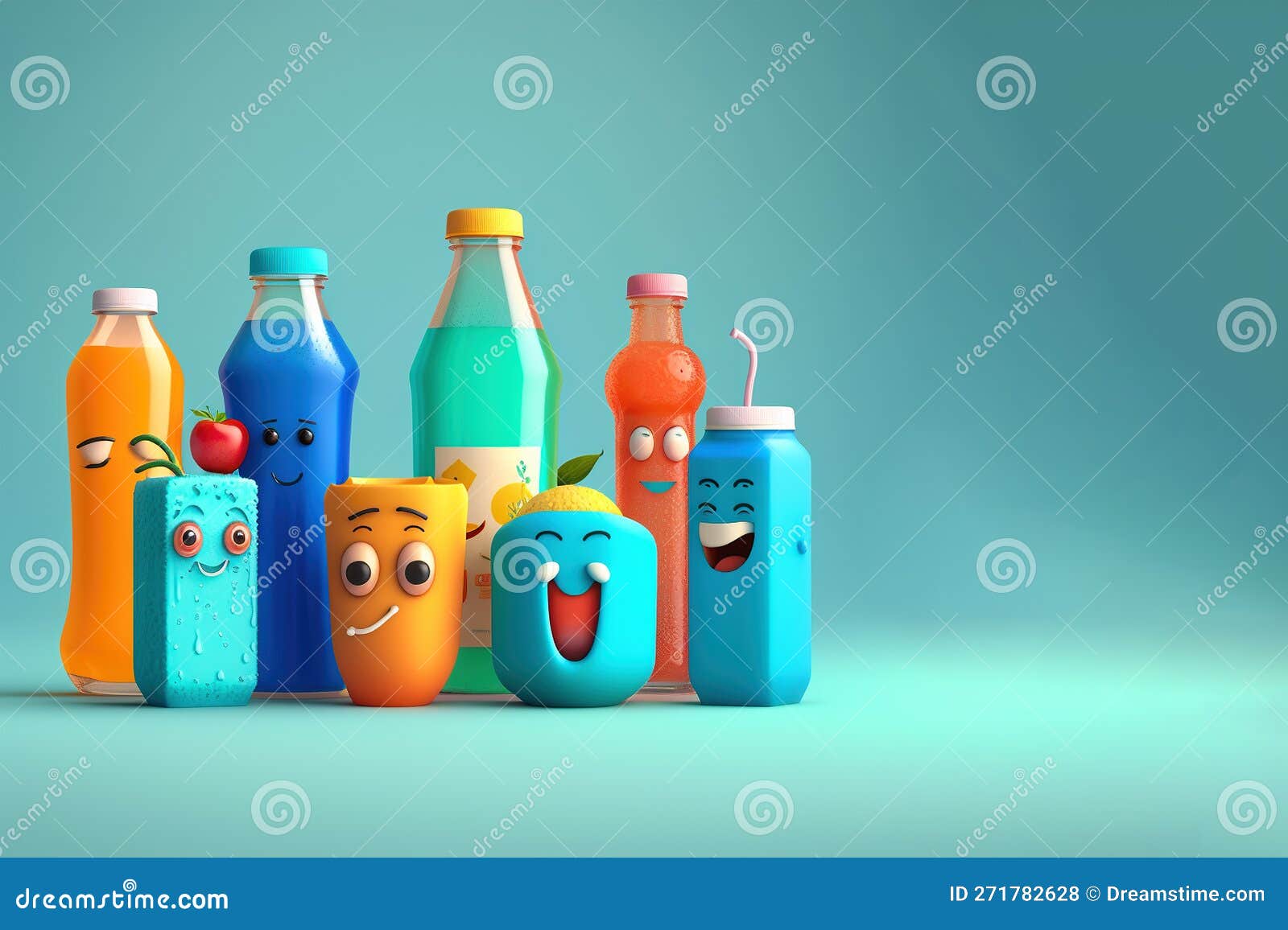 Set of Funny Drink Characters. Background with Various Cocktail Drinks