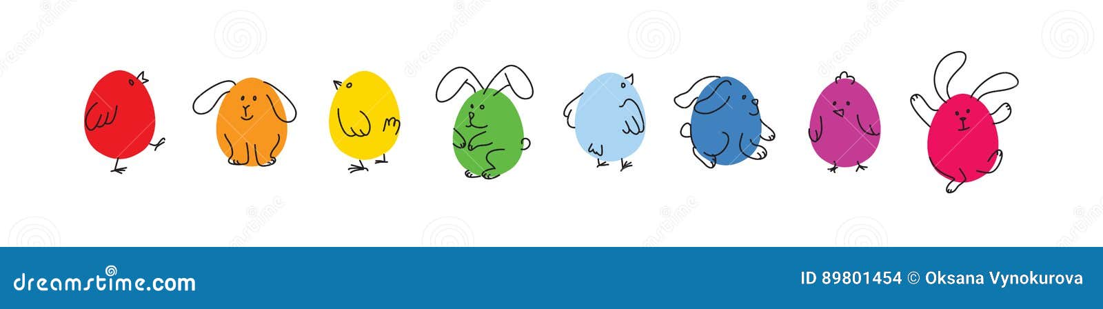 set of funny easter bunnies and chicks