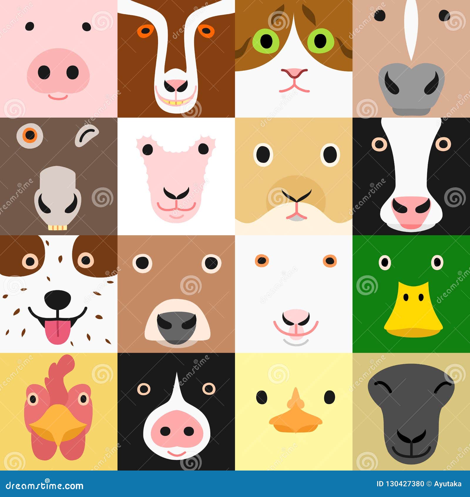 Set of Funny Farm Animals Face in Square Stock Vector - Illustration of  simple, front: 130427380
