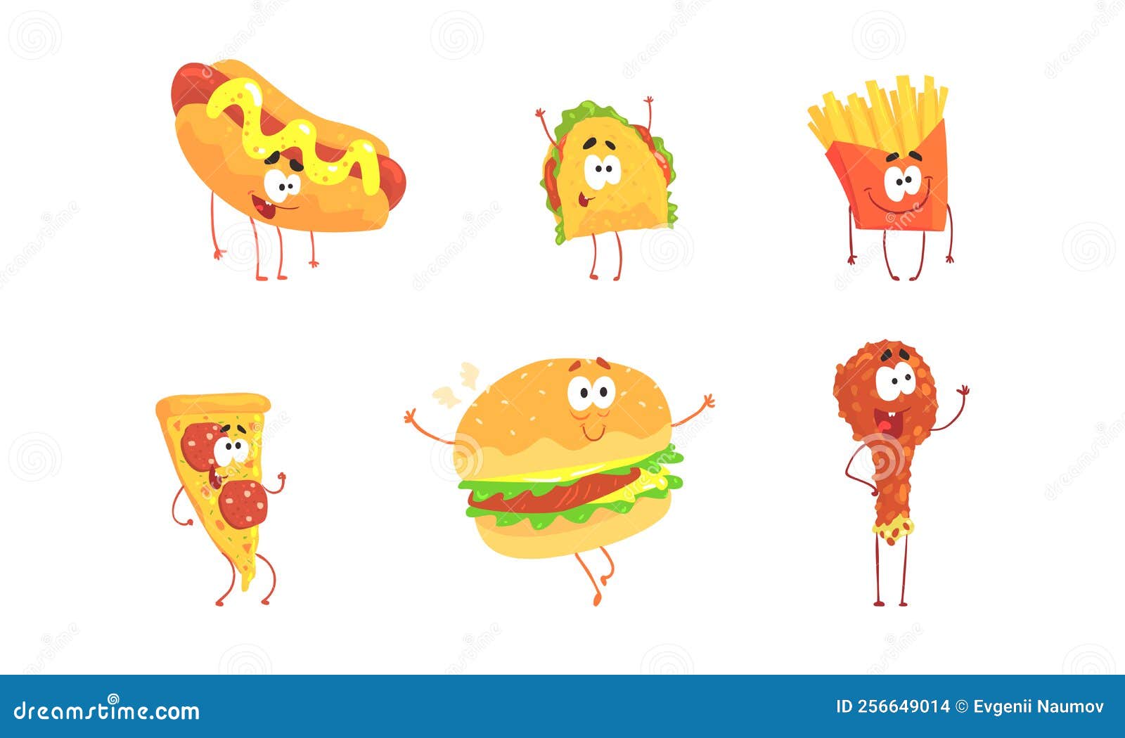 Set of Funny Fast Food Cartoon Characters. French Fries, Hot Dog, Taco ...