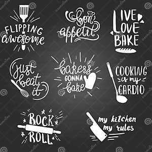 Set Of Funny Hand Drawn Kitchen And Cooking Quotes Stock Vector 