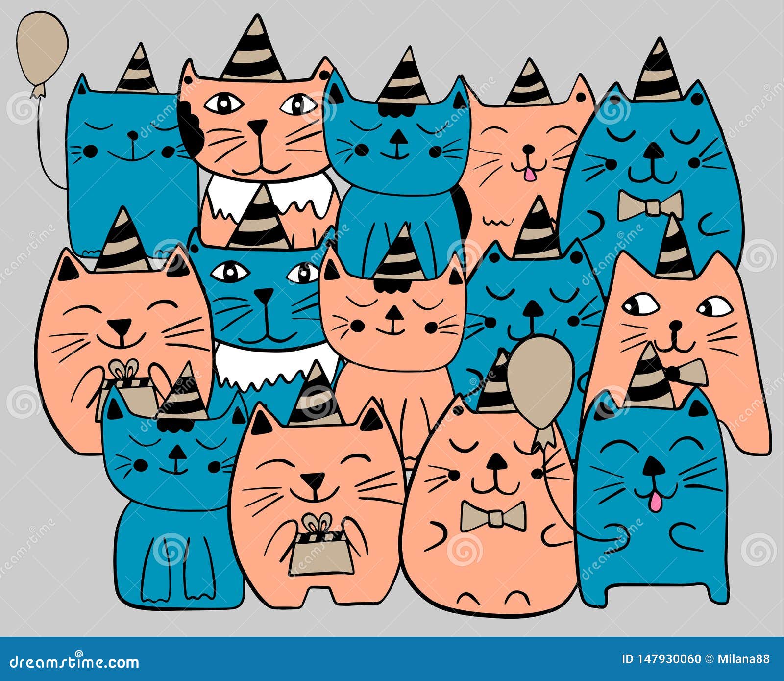 Set Of Funny Stylized Cats Birthday Party Celebration Blue And Orange