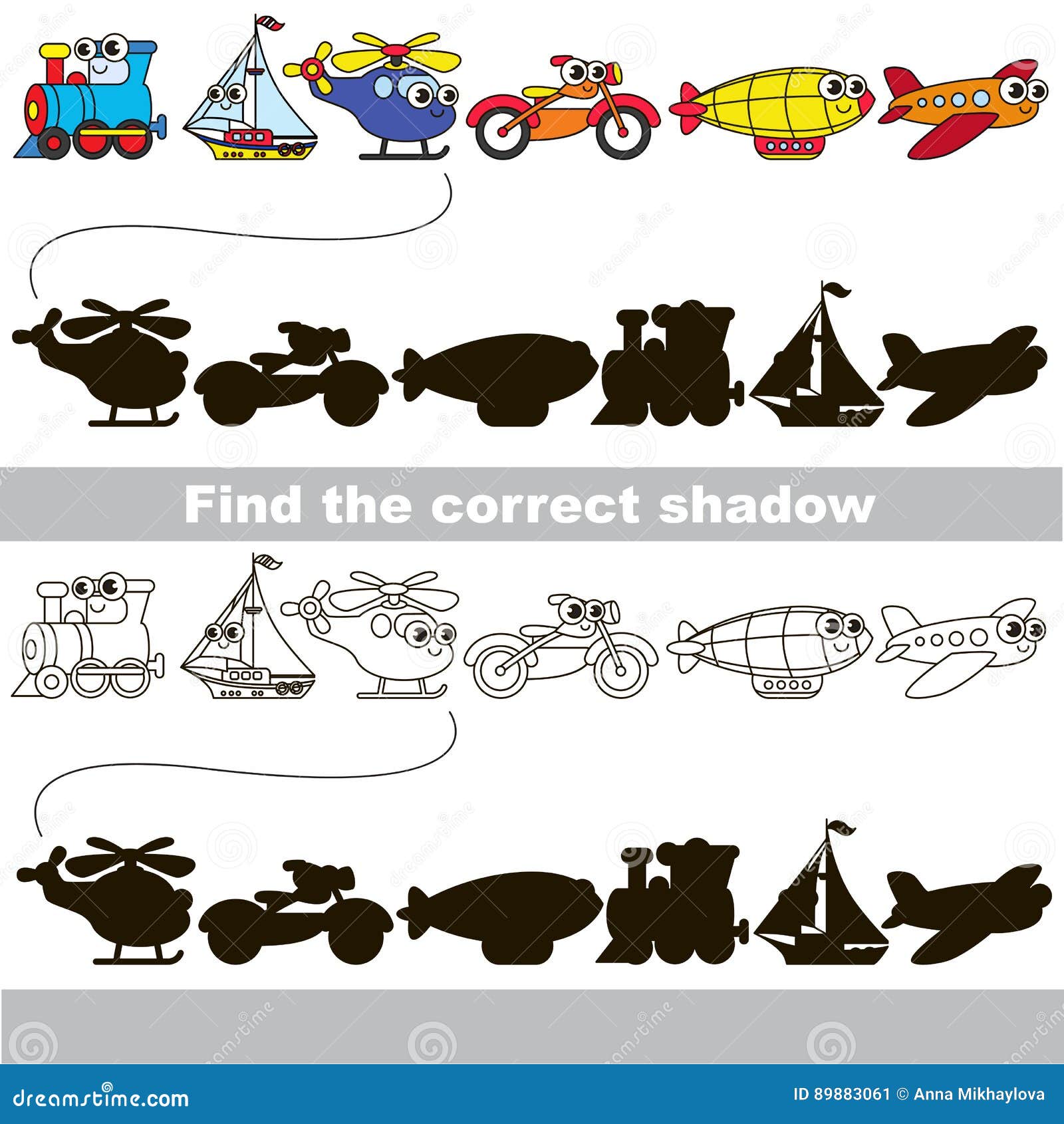 set of funny vehicles. find correct shadow.