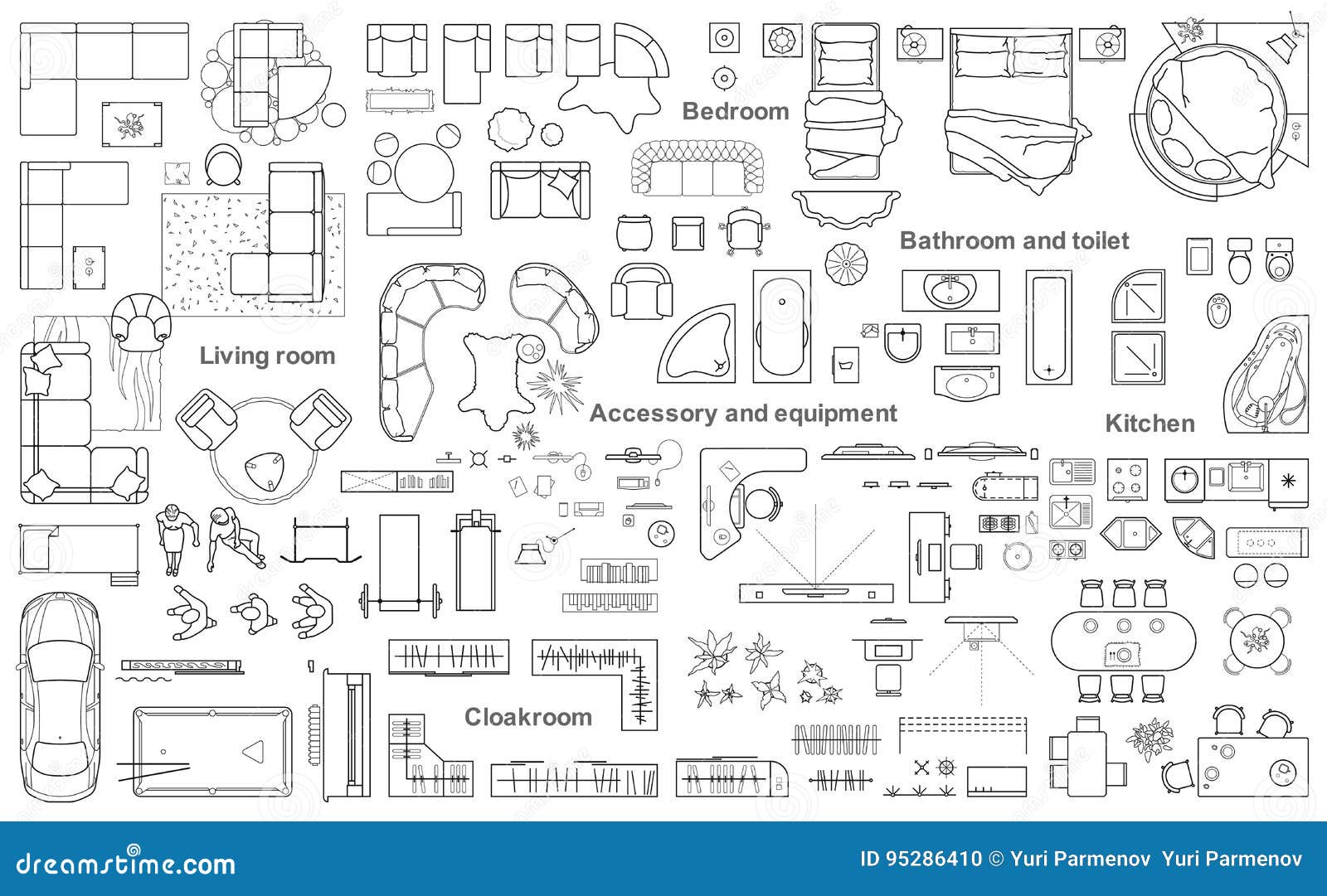 set of furniture top view for apartments plan. the layout of the apartment , technical drawing. interior icon for bathrooms,