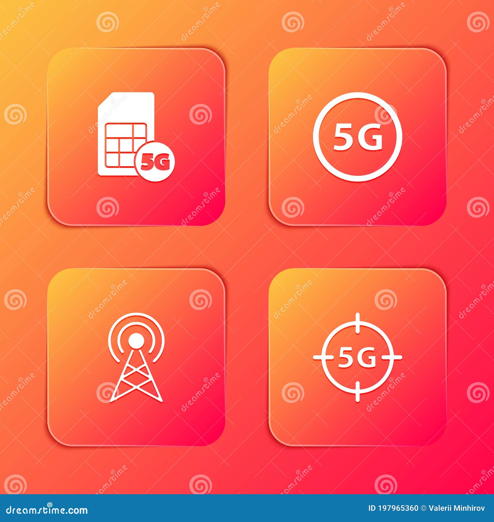 Set 5G Sim Card, Network, Antenna and Icon. Vector Stock Vector