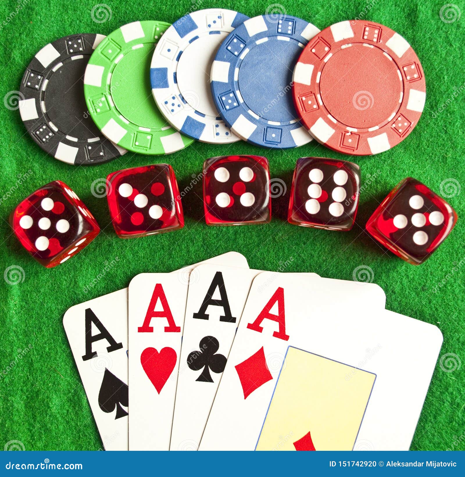 Set Of Gambling Objects Poker Chips Cards Dices Stock Photo